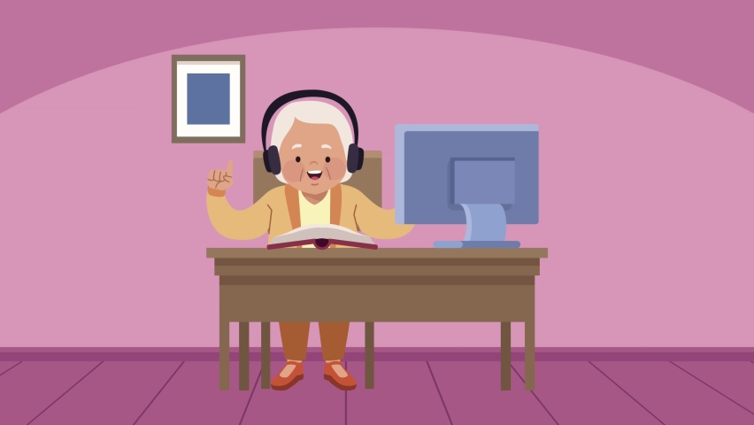 old woman studing with headset and desktop , 4k video animated