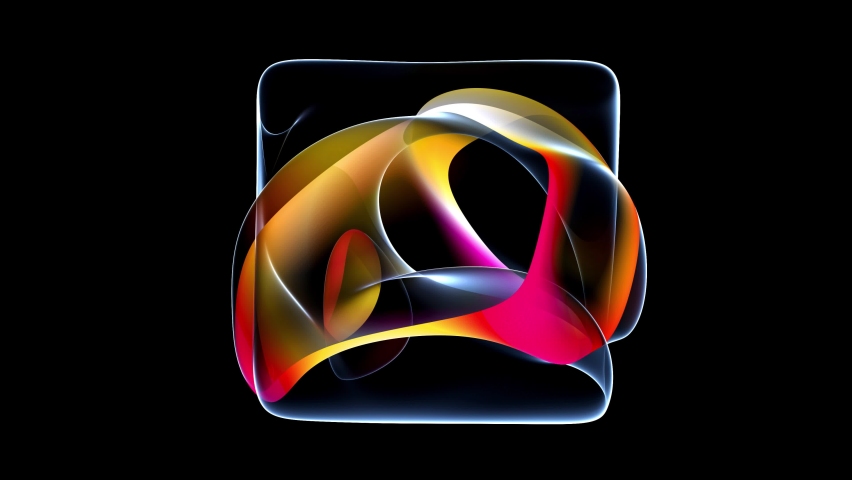 3d render of abstract art video of surreal 3d cube in curve wavy round and spherical lines forms in transparent glass material with glowing purple orange neon gradient parts on black background Royalty-Free Stock Footage #1087982511