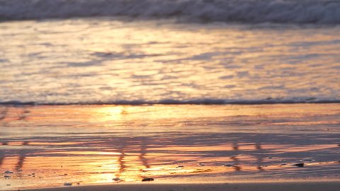 Ocean in sunlight, sea waves and littoral sand at sunset. Sun light reflection on water surface. California coast, beach or shore summer vibes. Calm romantic atmosphere. Seamless looped cinemagraph.