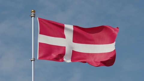 Denmark. National country flag on blue sky background. Flying fabric symbol. Tourism or travel summer day. international patriotic emblem. Nobody. Denmark Flag Waving in the Wind. Looped animation
