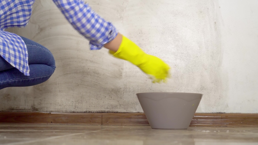 Blonde woman washes white walls in an apartment with sponge in yellow gloves. She cleans wall of black mold. damp room. There are cleaning products nearby. concept of cleaning apartment. | Shutterstock HD Video #1087983955