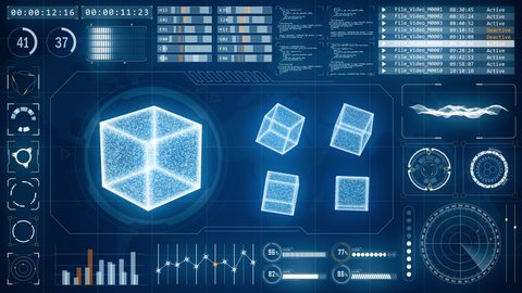 Motion graphic of Blue futuristic cube with head up display ( HUD UI ) technology interface screen and futuristic elements graph and chat panel abstract background