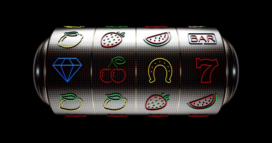 Animated Futuristic, Modern Black Slot Machine Concept With Colorful Neon Lights Isolated On The Black Background. 3D 4K Video.