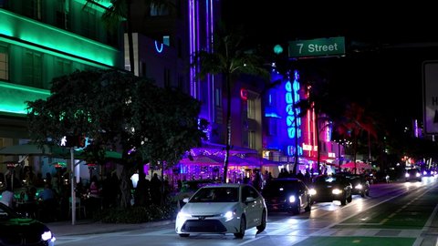 Colorful Ocean Drive at South Beach Miami by night - MIAMI, USA - FEBRUARY 14, 2022