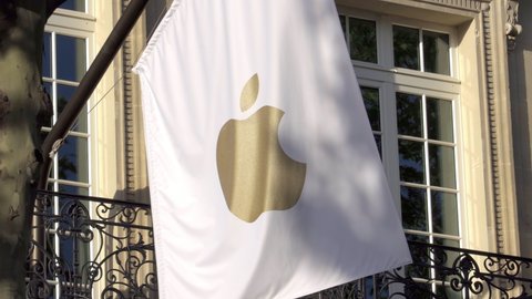 Paris, France - May 2019 : Apple flag at the entrance of the Champs-Elysees Apple Store in Paris, France