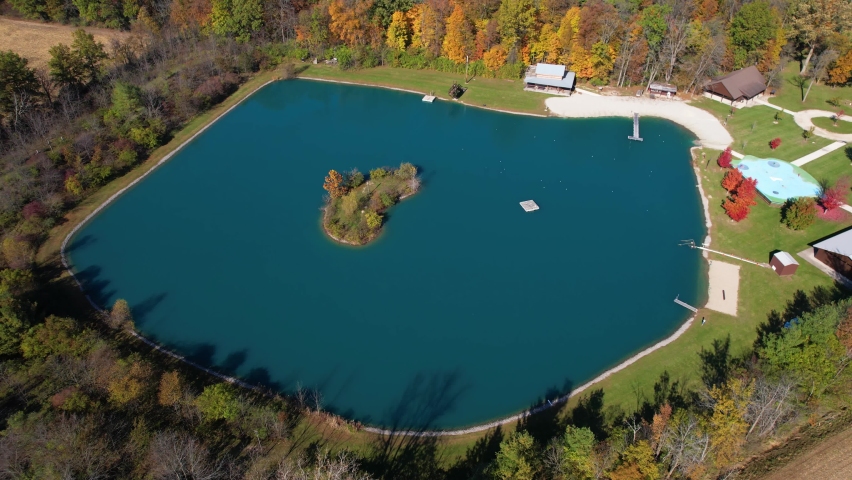 Aerial View of Lake and Recreational Area, Blue Water and Colorful Trees in American Countryside, Van Wert, Ohio USA