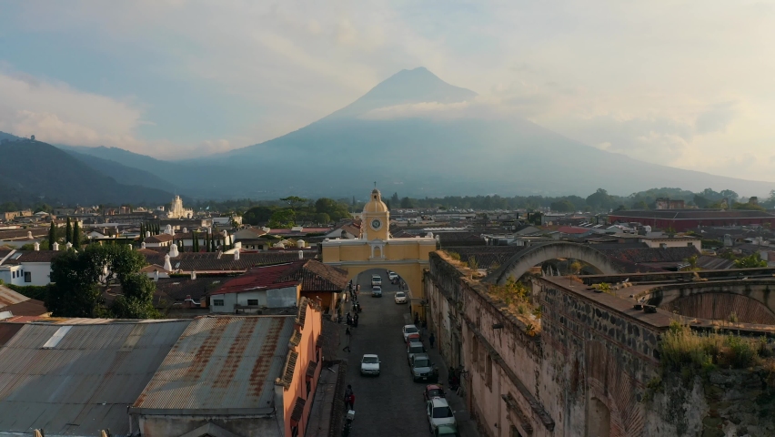Aerial Guatemala Antigua Volcano Sunset Drone South America Spanish Culture | Shutterstock HD Video #1087992897