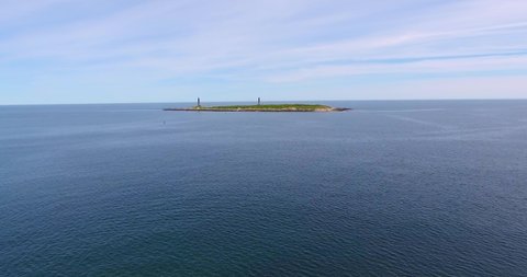 Aerial view of Thacher Island Lighthouses on Thacher Island, Rockport, Cape Ann, Massachusetts MA, USA. Thacher Island Lighthouses was built in 1771.