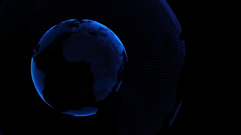 Abstract concept background of future technology, modern science, cyber business global network. Rotating digital earth globe 3d loopable and seamless animation breaking news studio 4K background 