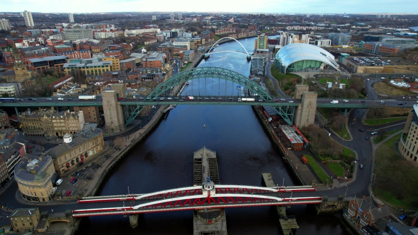 Drone Aerial Of Newcastle Upon Tyne City Centre, Over The River Tyne Royalty-Free Stock Footage #1087997965