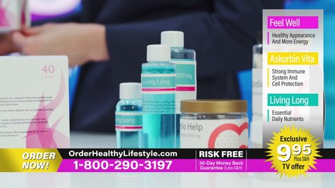TV Show Product Infomercial: Mock-up Package Box with Health Care Medical Supplements. Showcasing Beauty Dietary Vitamin Products. Playback Television Commercial Advertisement. Dolly Pack Focus