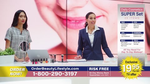 TV Shop Infomercial: Female Host, Beauty Expert uses Eyeshadow Palette on a Beautiful Model, Present Best Products, Cosmetics. Playback Television Commercial Advertisement Cable Channel. Wide shot