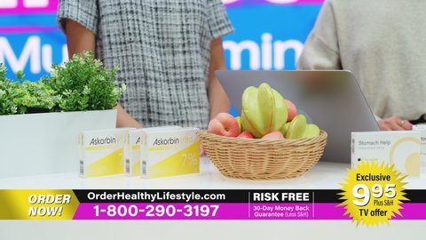 TV Show Product Infomercial: Professionals Present Package Boxes with Health Care Medical Supplements. Showcasing Beauty Vitamins. Playback Television Commercial Advertisement Program on Cable Channel
