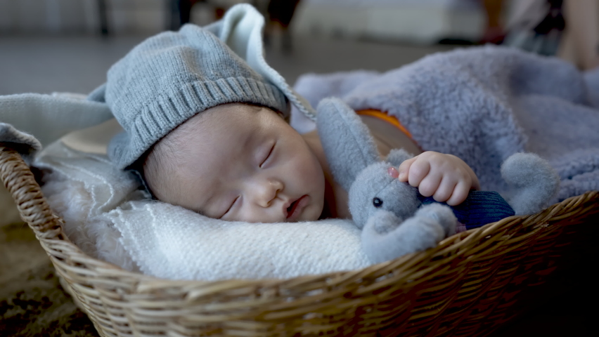 4K 25fps, Cute Asian newborn baby. wearing a blue rabbit Sleep well. By hugging the rabbit doll. lying in a wicker basket	