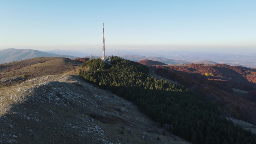 Aerial Autumn sunset view of Konyavska mountain near Viden Peak, Kyustendil Region, Bulgaria