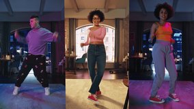 3-in-1 Split Screen: Beautiful Young Stylish Man and Woman in Diverse Casual Outfits Dancing and Enjoying Life at Home in Loft Apartment. Recording Funny Viral and Active Videos for Social Media.