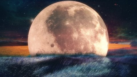 Surrealistic Moon Landscape Outer Space Motion Background. Surreal landscape of the bright full moon stuck on the ground with planets in space