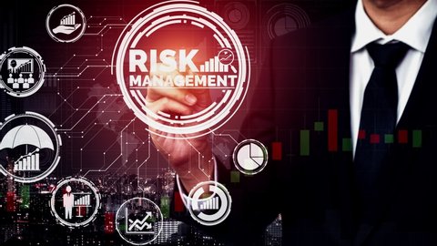 Risk Management and Assessment for Business Investment conceptual. Modern graphic interface showing symbols of strategy in risky plan analysis to control unpredictable loss and build financial safety.