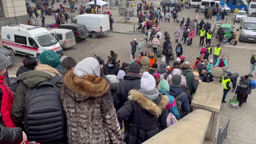 Lviv, Ukraine - March 8, 2022: Refugees coming on railway station of western Ukrainian city of Lviv