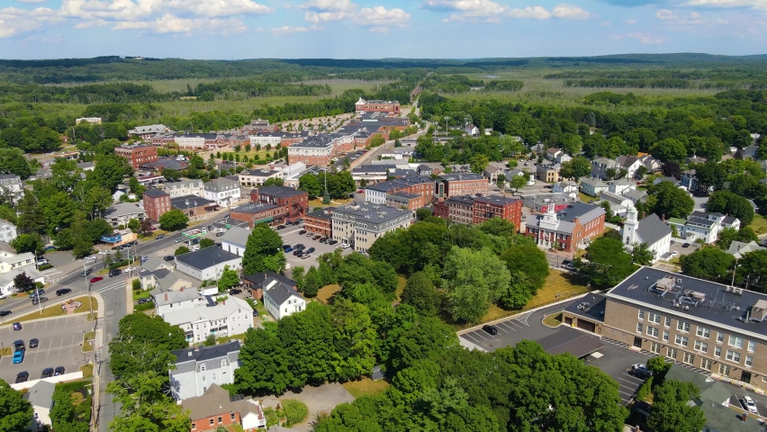 Westborough historic town center aerial view at Main Street and South Street in Worcester County, Massachusetts MA, USA.