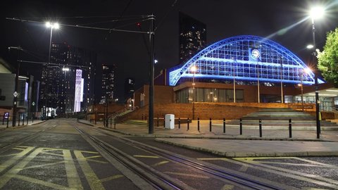 Manchester, UK. September 15, 2021: Night view of the Manchester Central Convention Complex, Central Train Station also Cultural Site For Music and Arts