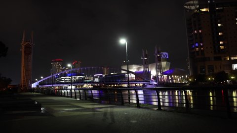 Manchester, UK. September 15, 2021: Night view of the Media City UK is on the banks of the Manchester Ship Canal in Salford and Trafford, Greater Manchester, England.