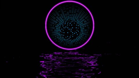Portal in neon ring above water. Design. Beautiful shimmering portal in glowing circle on black background. Reflection of round portal in dark water