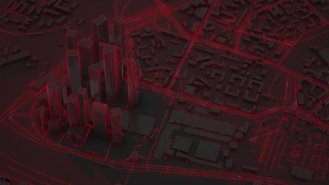 Informative, glowing neon red statistic hologram of the city on a dark black background. Moscow city, Russia. Geometry. Digital 3D-Rendered graphic, modern motion animation for business presentations.