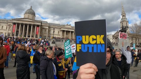 London, UK - 03 06 2022: creative fuck putin sign, crowd trafalgar square for ukraine, russian invasion