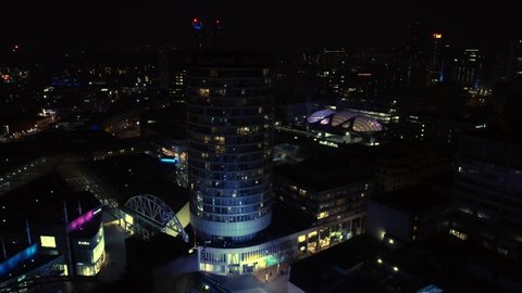 BIRMINGHAM, UK - 2022: Night aerial view of Birmingham city centre and Bullring Shopping centre