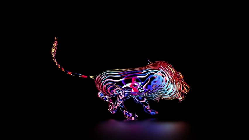 3d render of abstract art with surreal wild king lion animal in running process based on neon glowing curve wavy lines forms in purple blue red and white color on black background   Royalty-Free Stock Footage #1088017377