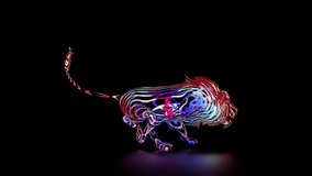 3d render of abstract art with surreal wild king lion animal in running process based on neon glowing curve wavy lines forms in purple blue red and white color on black background  