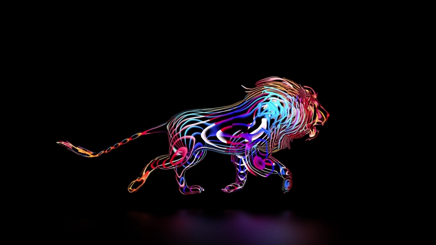 3d render of abstract art with surreal wild king lion animal in running process based on neon glowing curve wavy lines forms in purple blue red and white color on black background   | Shutterstock HD Video #1088017377