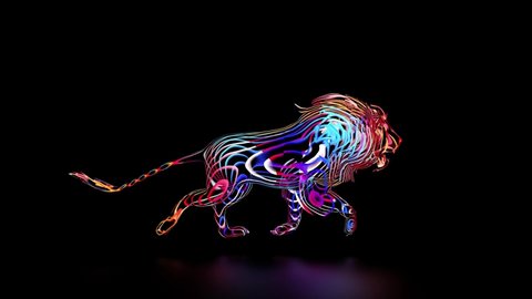 3d render of abstract art with surreal wild king lion animal in running process based on neon glowing curve wavy lines forms in purple blue red and white color on black background   Arkivvideo