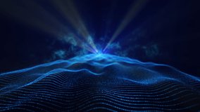 Abstract particle wave and lights background. Camera moving towards the origin of dynamic light rays over digital particles mesh waves. Cyber technology or space-time continuum background animation. - Powered by Shutterstock - Get 15% off with code: PIKWIZARD15