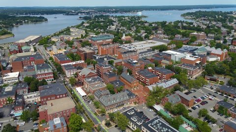 Aerial view of Salem historic city center and Salem Harbor in City of Salem, Massachusetts MA, USA.