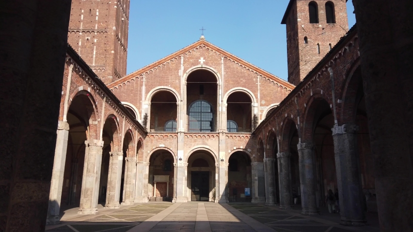 Europe, Italy , Milan March 2022 - Sant'Ambrogio church in downtown of the Lombardy  city - roman church tourist attraction  Royalty-Free Stock Footage #1088018781