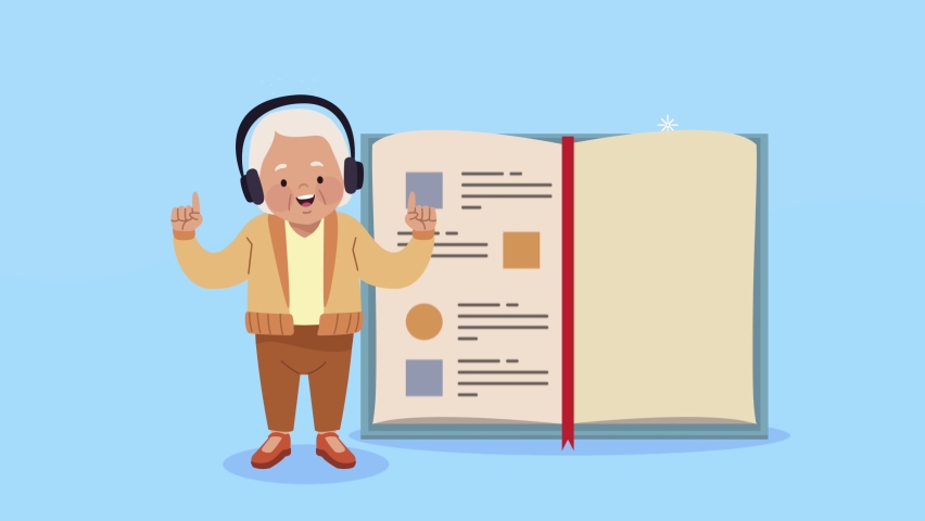 old woman studing with headset and book animation, 4k video animated