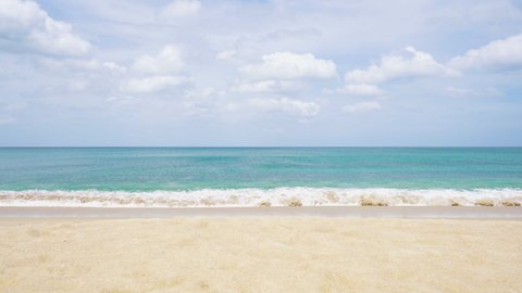 Beach space area white clouds background. Sea nature white sand with blue sky. Long beach waves gently lapping shoreline summer. Landscape sea water was photographed in early morning.copy space.