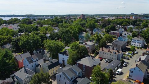Aerial view of Salem historic city center and Salem Common in City of Salem, Massachusetts MA, USA.
