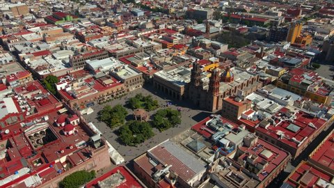 Mexico, San Luis Potosi, City Center, Plaza de Armas, Church, 4K Drone Shot