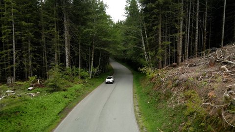 A white SUV transitions from a dense evergreen forest to a clear cut area, aerial track back