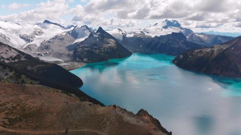 Revealing drone view of Panorama Ridge and Garibaldi Lake in Canada, British Columbia, popular tourist destination