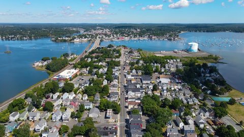Aerial view of Salem Neck historic district, Danvers River, Beverly Harbor and Essex Bridge connecting Salem and Beverly in City of Salem, Massachusetts MA, USA.