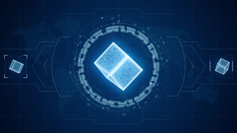 Motion graphic of Blue futuristic cube with head up display ( HUD UI ) technology interface screen abstract background
