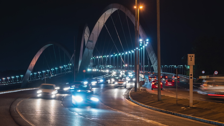 Time lapse view of rush hour traffic on JK bridge in Brasilia, Federal District, capital of Brazil. 
