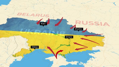 War in Ukraine, Animated map of Russia invasion of Ukraine, the movement of troops. as of February 24, 2022, UHD 4K 3D Renderd