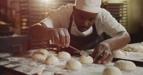 Animation of focused african american male baker preparing rolls. working at bakery, independent small business.