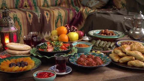 Eid mubarak, Ramadan table. Festive traditional Middle Eastern Muslim Halal foods. Celebration of Eid al-Adha