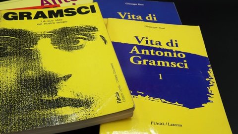 Rome, Italy - March 02, 2022, detail of the covers of some books on the philosopher and politician Atonio Gramsci.